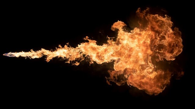 A dynamic blast of fire and flames shooting from a point and expanding into a large cloud on black background