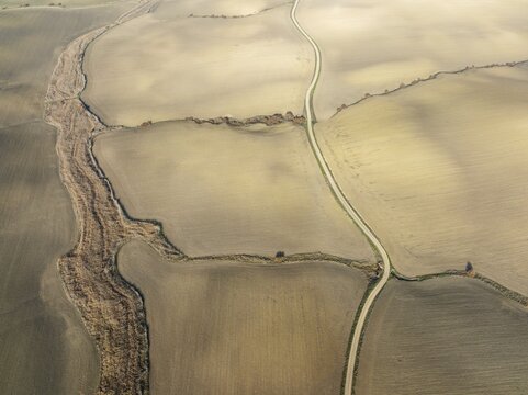 Cultivated fields in winter in the Campi&ntilde;a Cordobesa, the fertile rural area south of the town of C&oacute;rdoba, aerial view, drone shot, C&oacute;rdoba province, Andalusia, Spain