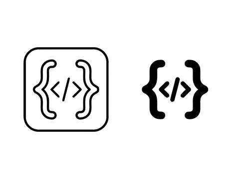 Set of rounded code brackets icons representing software development and programming in black outline