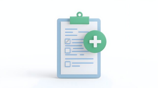 3d medical clipboard with plus icon isolated on transparent background