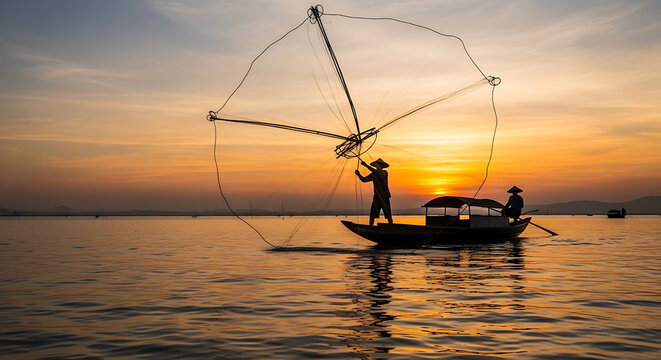 Scenic lake sunset with fisherman in silhouette casting net from traditional wooden boat