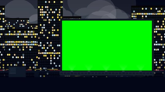 Blank Green Billboard Mockup in Night City Skyline Scene