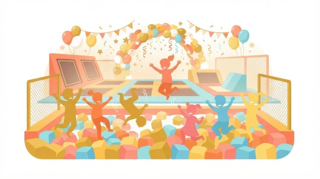 Kids enjoy a birthday party with cake, balloons, and games at a trampoline park, having fun in the foam pit and jumping around.