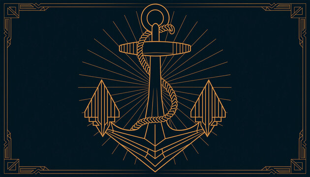 Art Deco Anchor Emblem: A striking Art Deco style illustration featuring a golden anchor with a coiled rope, set against a deep navy blue background with a decorative border.