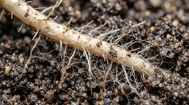 Mycorrhiza interacting with plant roots during phosphorus acquisition, created for agricultural biotechnology, soil research, fertilizer science, medical-style education, and sustainability communicat