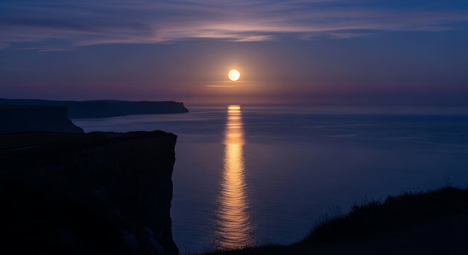 dramatic cliff edge at twilight moon rising ocean calm