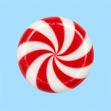 A single round red and white peppermint candy isolated on a light blue background for a happy christmas design