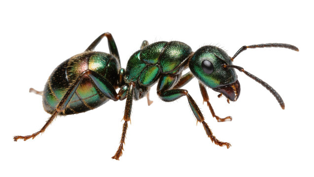 Metallic green ant with iridescent sheen, isolated on transparent background