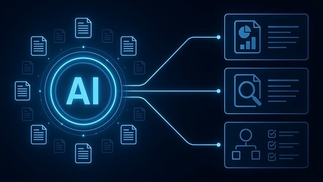 Artificial intelligence brain logo surrounded by file icons with data flow connections for automated document analysis and business process optimization workflows.