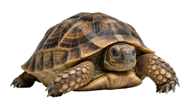 Detailed view of a terrestrial tortoise with a patterned shell, isolated on transparent background