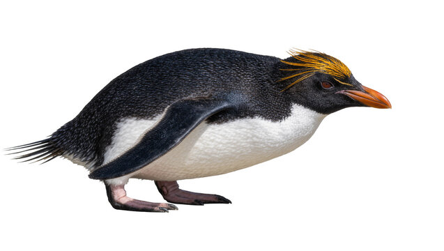 Macaroni penguin with yellow crest and orange beak, isolated on transparent background