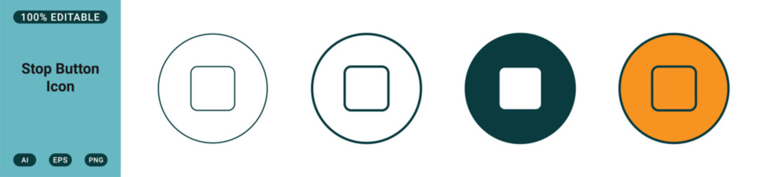four stop button icons in different styles, including outline, filled, and colored versions for user interface design and media player controls