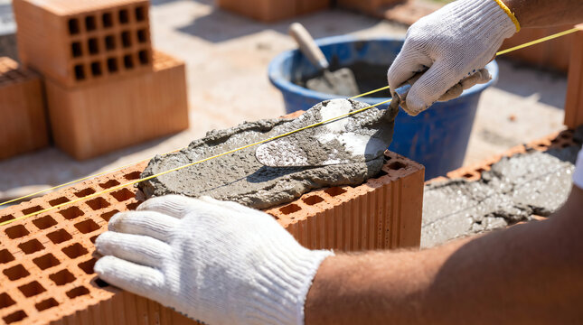  Close up of bricklayer hands spreading mortar on perforated red brick wall construction.