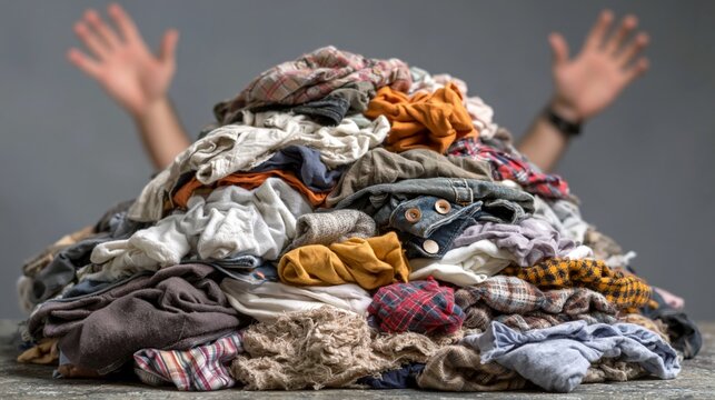 A large pile of mixed clothes with two hands raised in the background against a gray background.