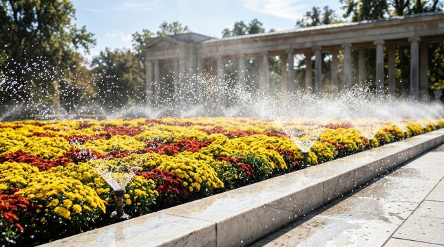 Wide formal garden with fountain and flower beds