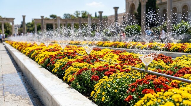 Colorful flower beds and fountains in a formal garden