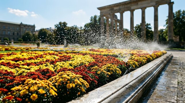 Formal garden parterre with fountains and colorful flowers