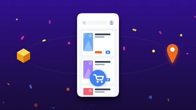 Mobile e-commerce app interface displaying product categories, cart, and delivery options with shopping icons