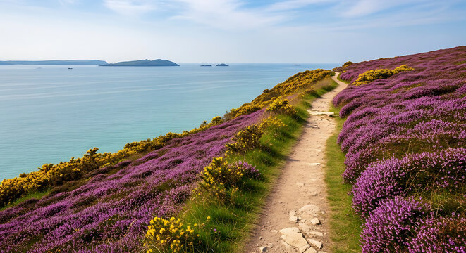 picturesque cliff edge coastal path blooming heather ocean view uk