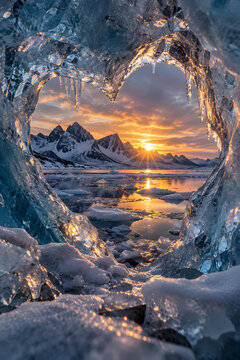 Heart shaped ice frame view of winter sunrise over arctic snowy mountains
