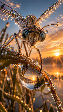 Extreme macro photography of insect covered in dew drops at golden sunrise