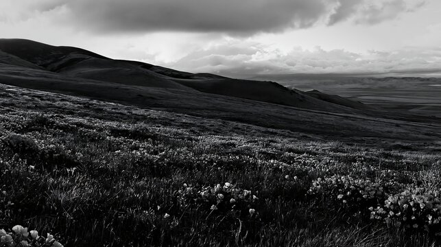 Cloudy foothill meadow with flowers in black and white