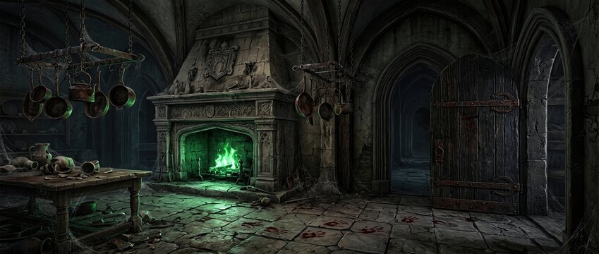 Dark spooky castle kitchen interior with green fire in stone fireplace and bloody handprints on floor