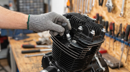 Fototapeta premium Mechanic hand in glove tightening bolt on black motorcycle engine in workshop with tools on the wall