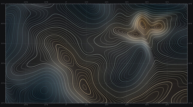 Dark topographic map background with contour lines, gold mountain peaks and blue valleys on a coordinate grid