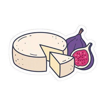 Creamy Brie cheese wheel with purple fig vector doodle sticker isolated on transparent background