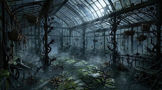 Creepy abandoned greenhouse interior overgrown with twisted vines and thick fog
