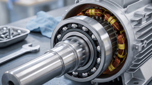 Closeup of electric motor rotor with copper windings, ball bearing, and shaft on a workshop bench