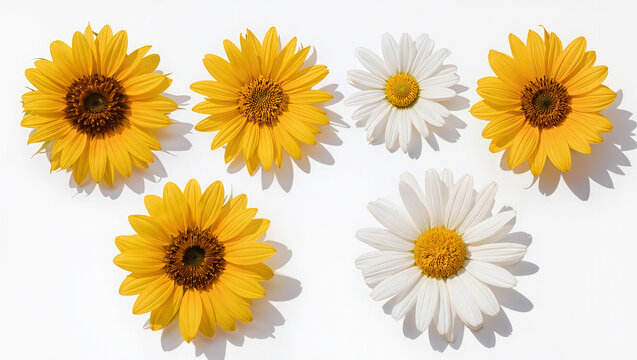 Set of yellow sunflowers and white daisies isolated on white background, summer flowers and floral collection concept with copy space for text
