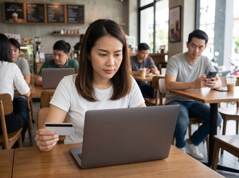 Woman Making Online Payment in Cafe Unaware of Payment Card Privacy Risk