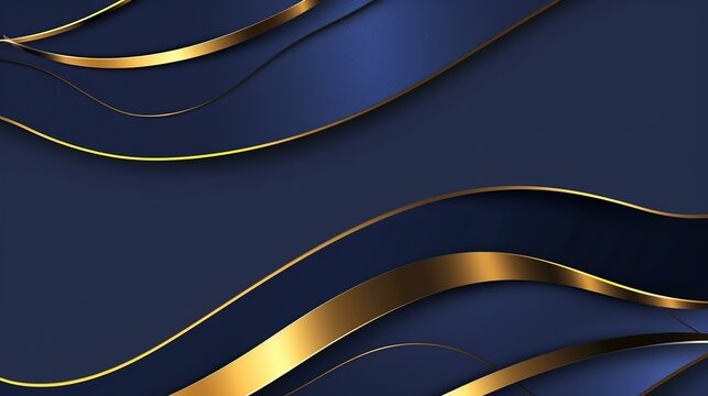 Abstract luxury background with curved golden metallic lines overlapping on a premium dark blue navy paper cut style texture, elegant and sophisticated design for web, banner, and print