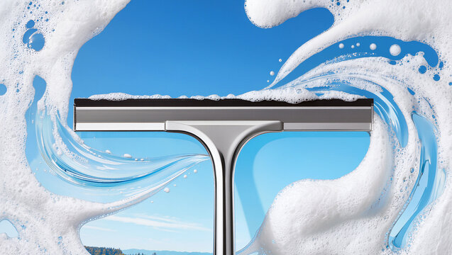 Squeegee cleaning soapy window revealing clear blue sky, window cleaning and fresh clean view concept with copy space for text