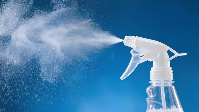 White spray bottle spraying fine mist on blue background, cleaning and household disinfecting concept with copy space for text