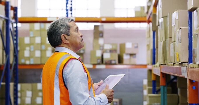 Man, distribution and tablet in warehouse with counting for stocktaking, boxes and inventory management. Mature, person and tech with digital checklist for quality assurance, shipping and stock check