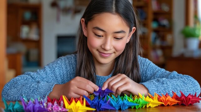 A young crafter lovingly arranges her rainbow row of colorful paper origami cranes, focused on this relaxing and creative activity