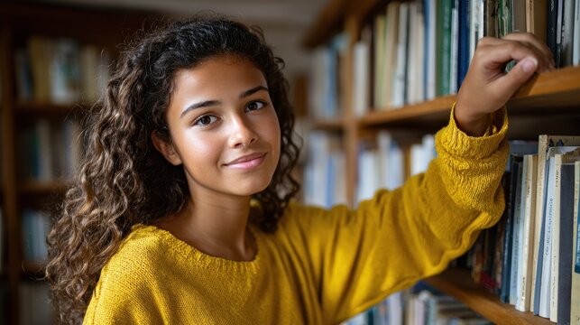 A smiling mixed race woman is reaching for a book in a library, with focus on the concept of knowledge and education. The girl is wearing a yellow sweater