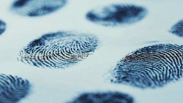 A close up view shows various fingerprint patterns printed on paper for analysis in a forensic lab environment
