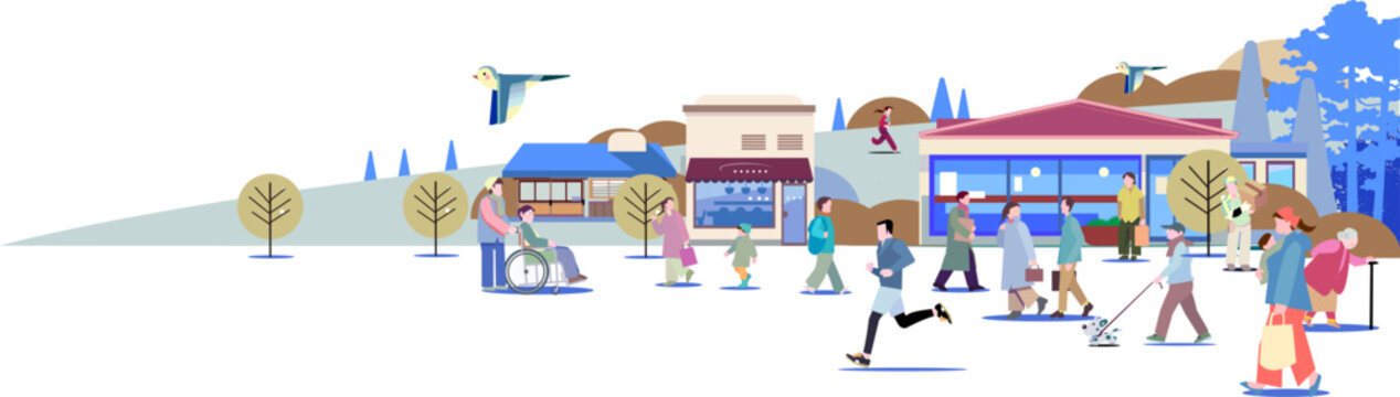 A vector illustration of a winter cityscape featuring a rich urban environment and people of diverse generations coming and going, highlighting themes of diversity and social welfare.