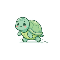 Obraz premium Cute cartoon green turtle walking and smiling on white background