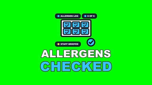 4K green screen ALLERGENS CHECKED animated text - the scan running the matrix until every allergen line clears, kinetic typography food safety overlay for catering content, chroma key