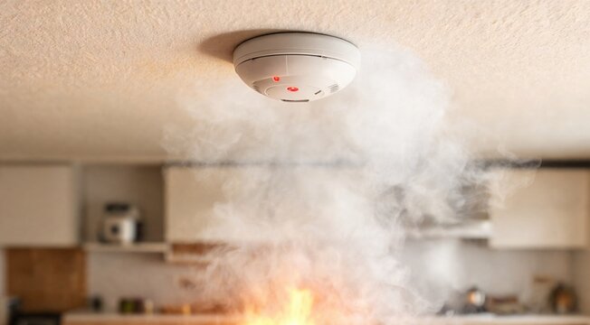 A white ceiling-mounted smoke detector with red indicator lights emits smoke in a kitchen during a fire emergency.