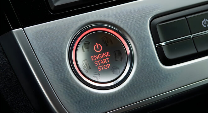 Modern car engine start stop button with glowing red light in vehicle interior dashboard.