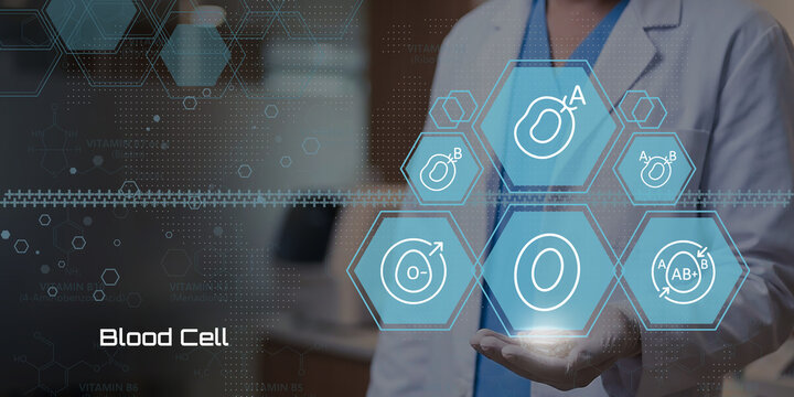 Blood Cell Analysis with Digital Medical Interface and Vitamin Symbols