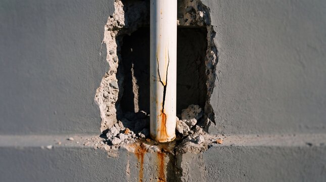 A corroded white PVC pipe passes through crumbling concrete walls with rust stains and deteriorated edges, showing severe water damage and decay.
