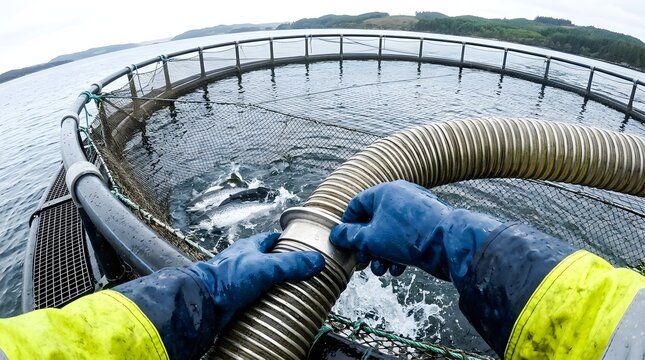 Worker Holding Hose at Circular Aquaculture Fish Cage
