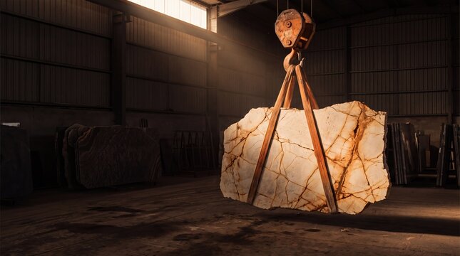 A large block of pale limestone is suspended by an industrial chain hoist in a spacious warehouse, with warm sunlight streaming through high windows.